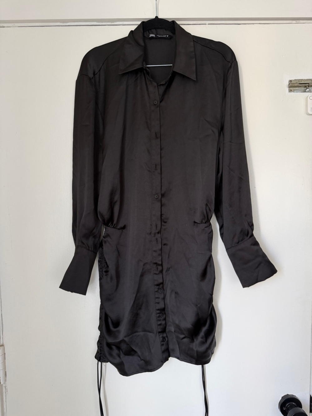 Zara Black Satin Long-Sleeve Shirt Dress